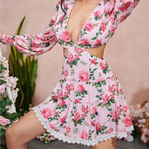 Barbie Pink Rose Floral LoveShackFancy style Mini Cut Out Flowy Summer Dress XS - Picture 11 of 13